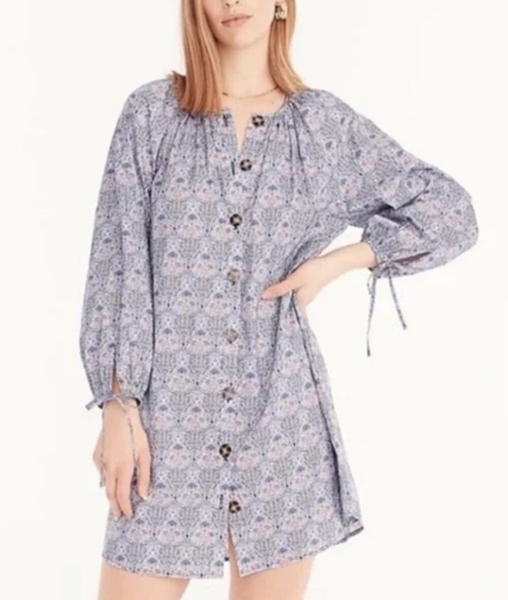 J Crew Liberty Dress Purple S Puff Shift Poplin 100% Cotton Floral Button Front